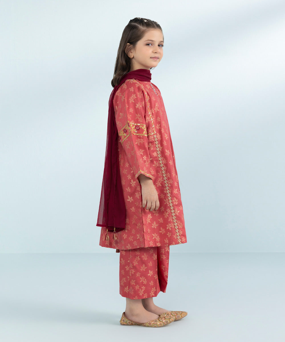 Girls 3 Piece Dyed Embroidered Jacquard Suit in Pink