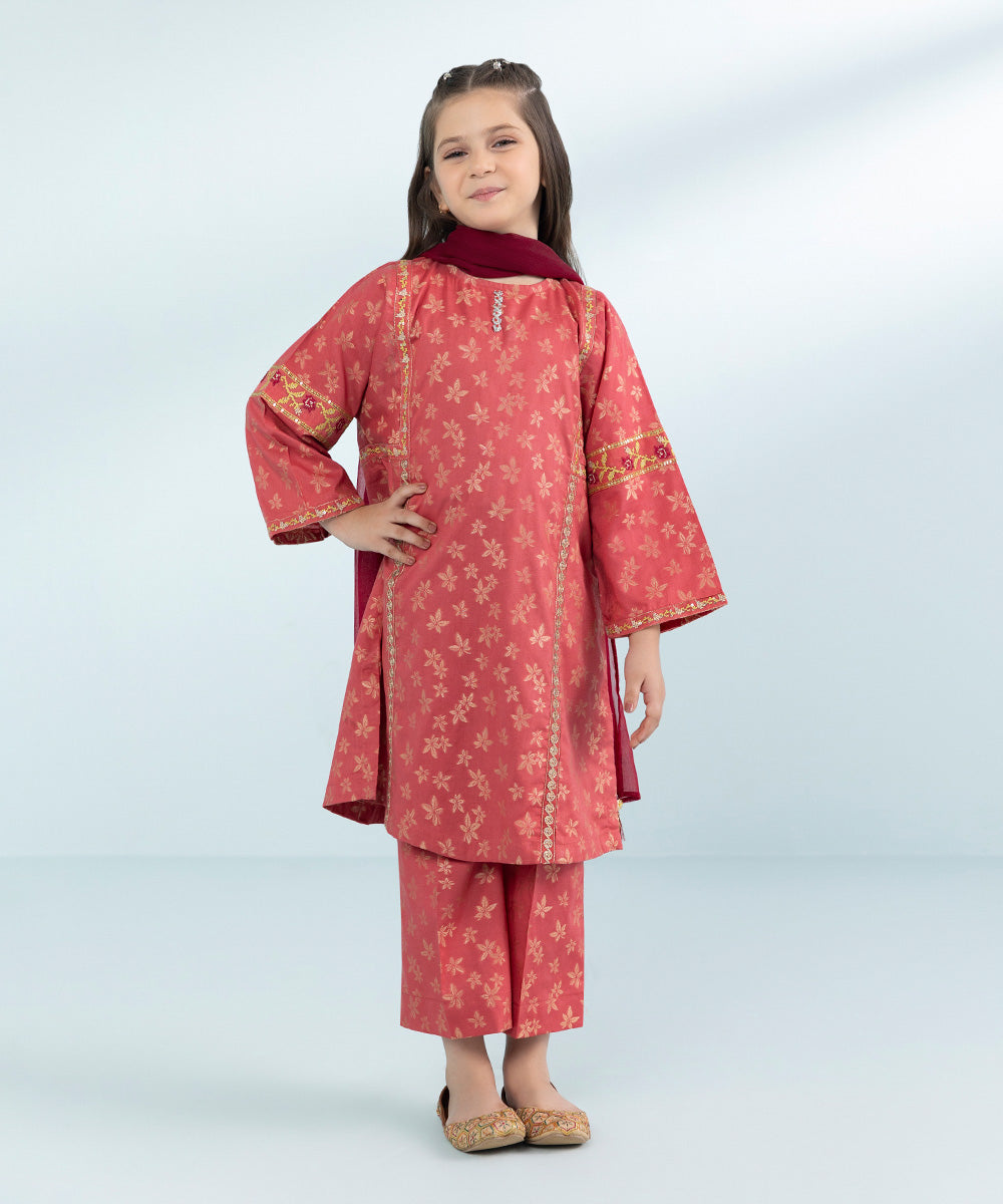 Girls 3 Piece Dyed Embroidered Jacquard Suit in Pink