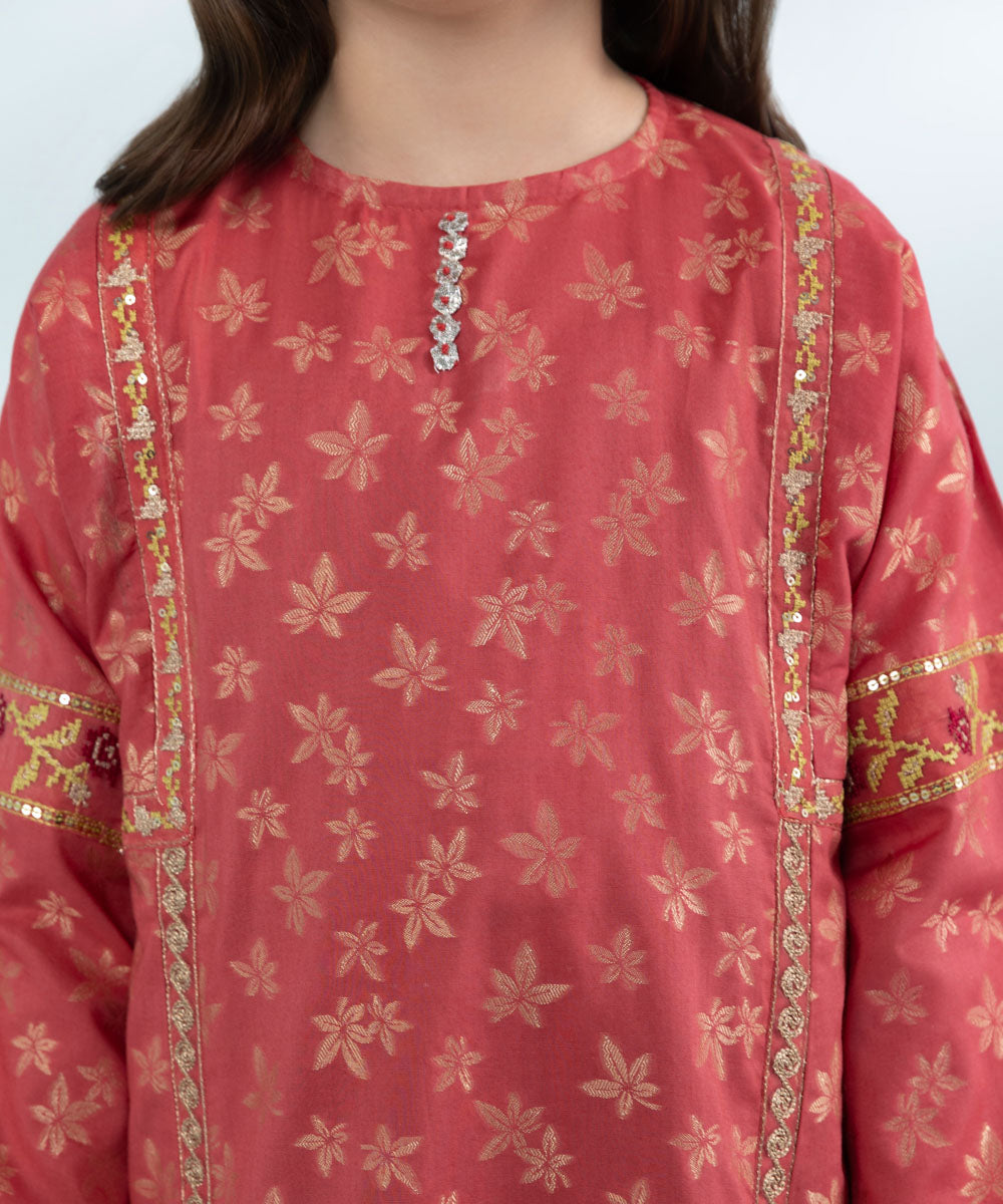 Girls 3 Piece Dyed Embroidered Jacquard Suit in Pink