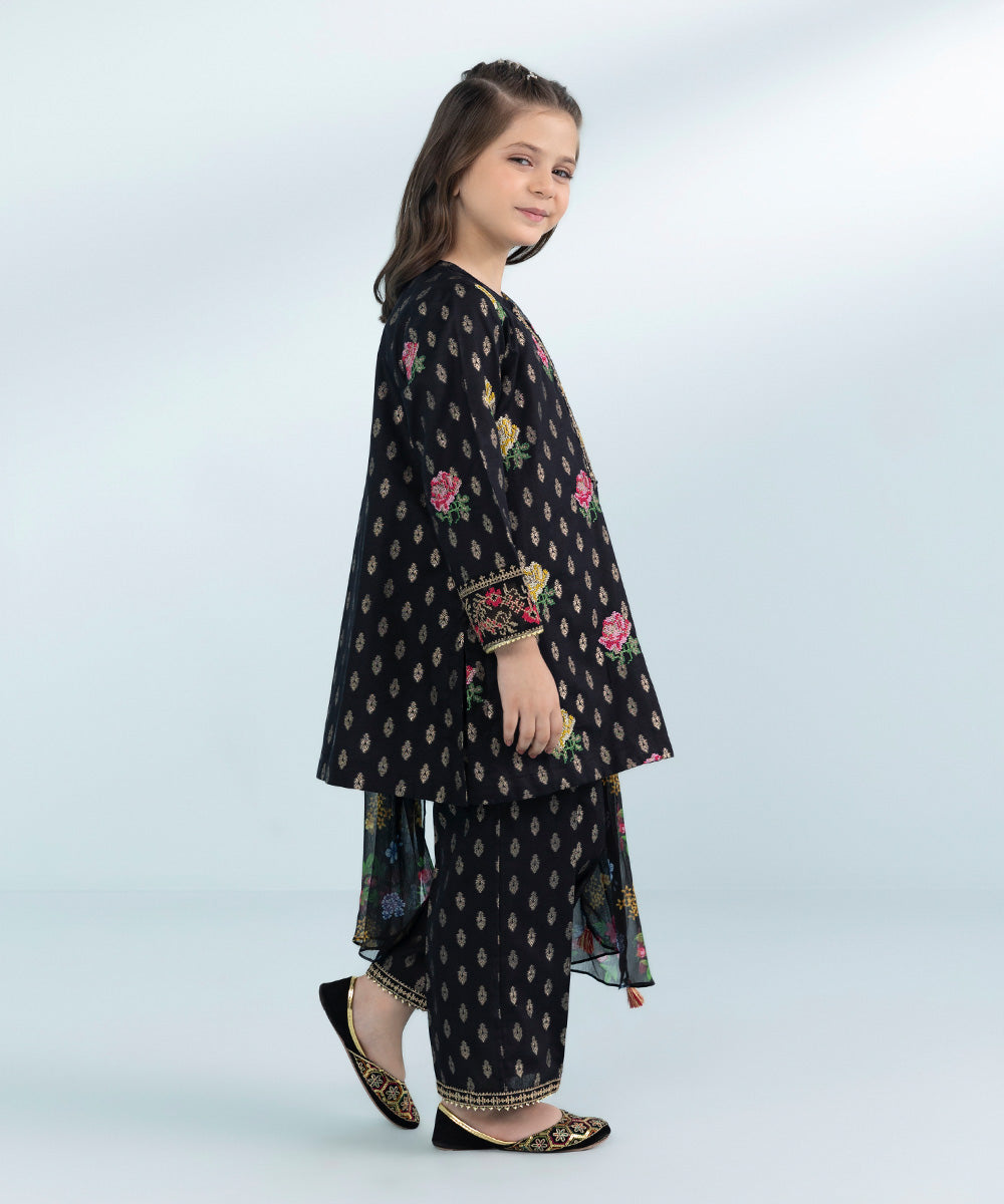 Girls 3 Piece Dyed Embroidered Jacquard Suit in Black 