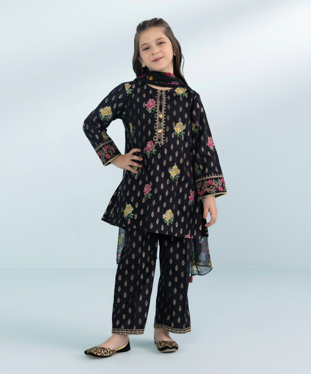 Girls 3 Piece Dyed Embroidered Jacquard Suit in Black 