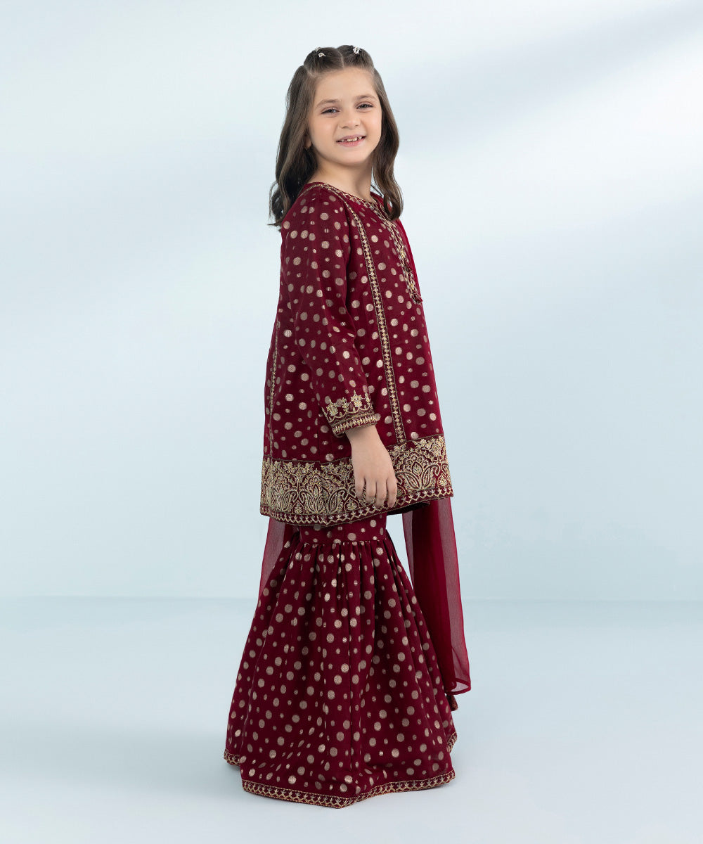 Girls 3 Piece Dyed Embroidered Jacquard Suit in Red