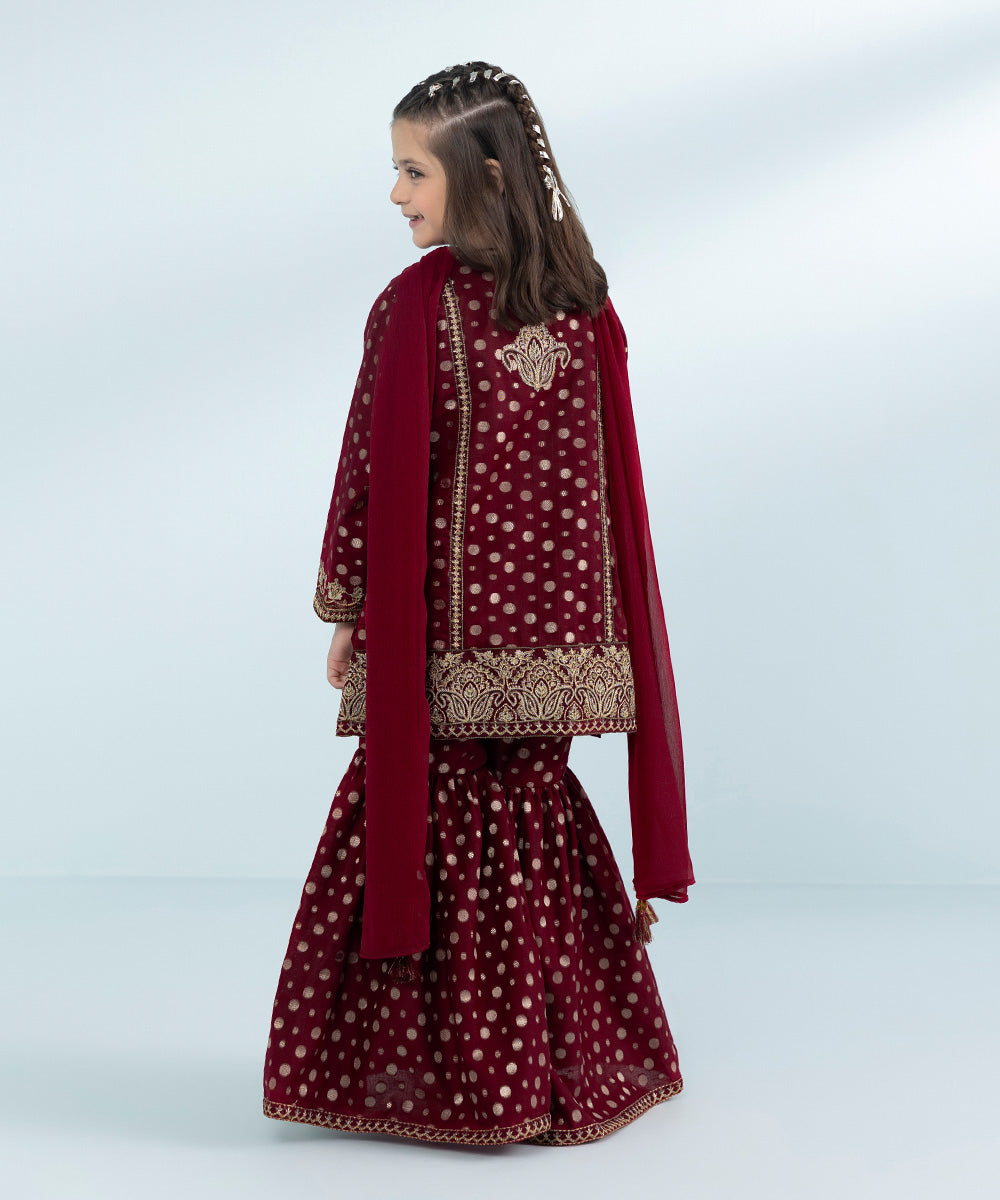 Girls 3 Piece Dyed Embroidered Jacquard Suit in Red