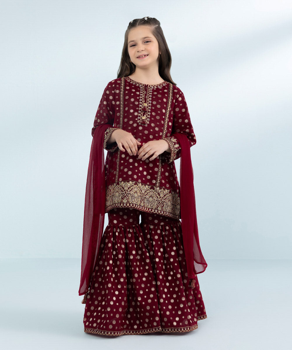 Girls 3 Piece Dyed Embroidered Jacquard Suit in Red