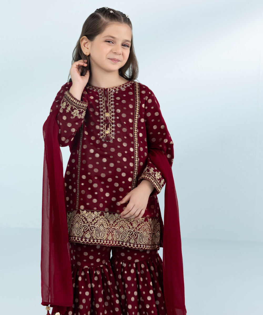 Girls 3 Piece Dyed Embroidered Jacquard Suit in Red