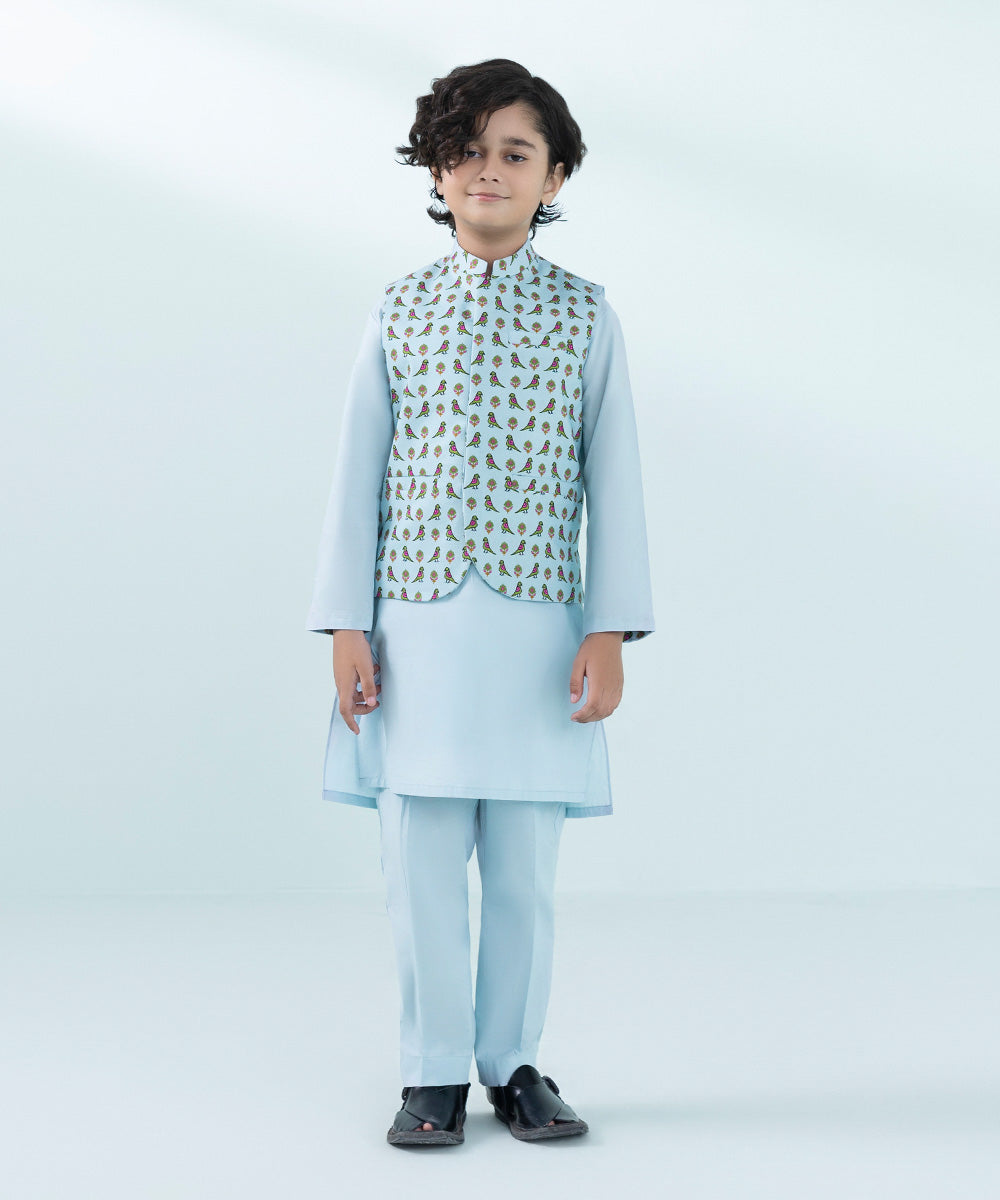 Kids East Boys Blue Printed Cambric Suit