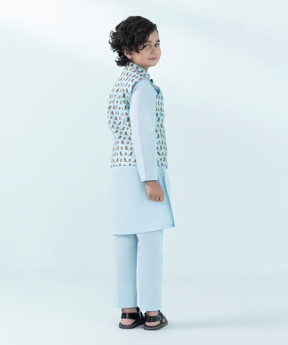 Kids East Boys Blue Printed Cambric Suit