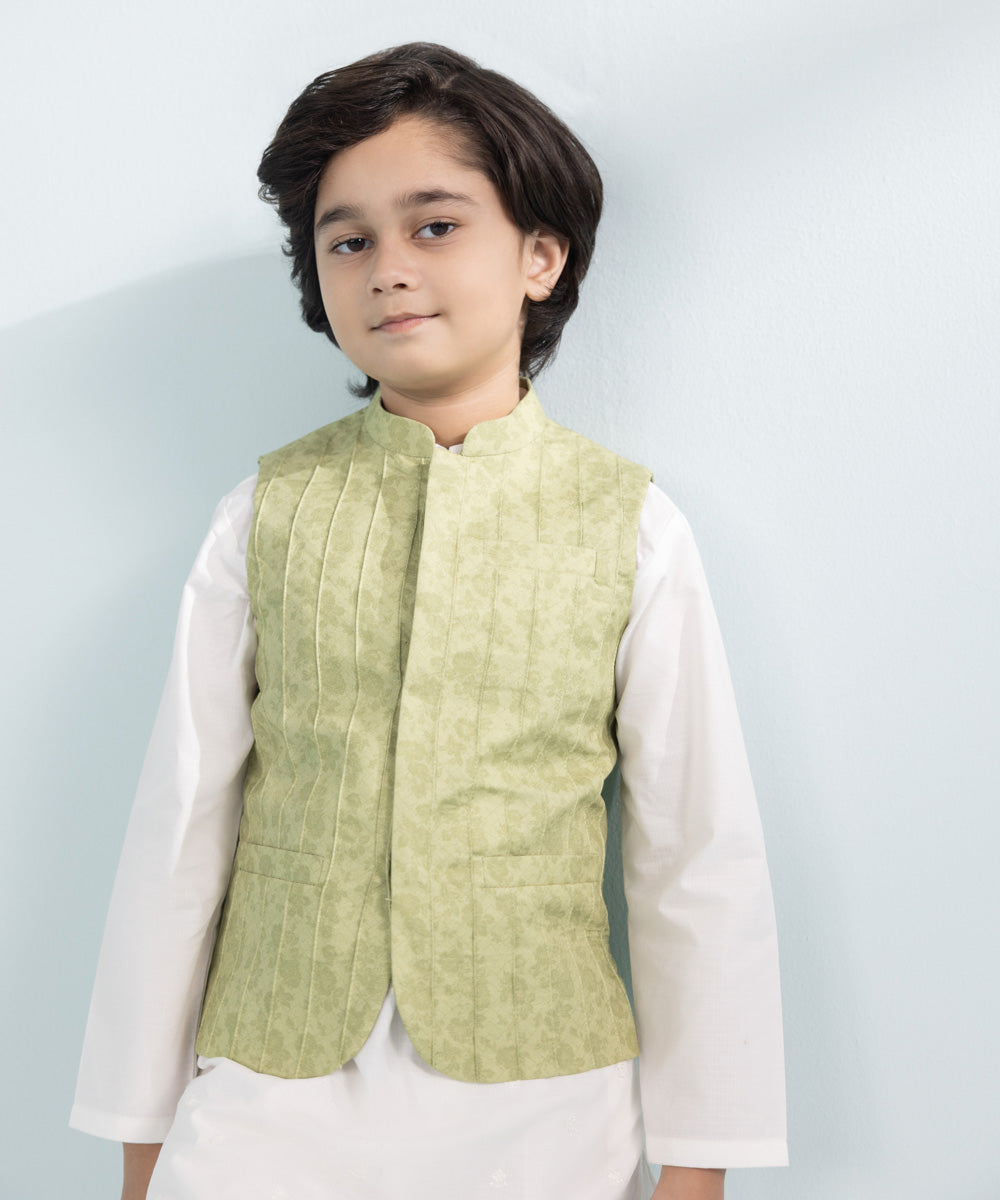 Kids East Boys Green Printed Cambric Waistcoat