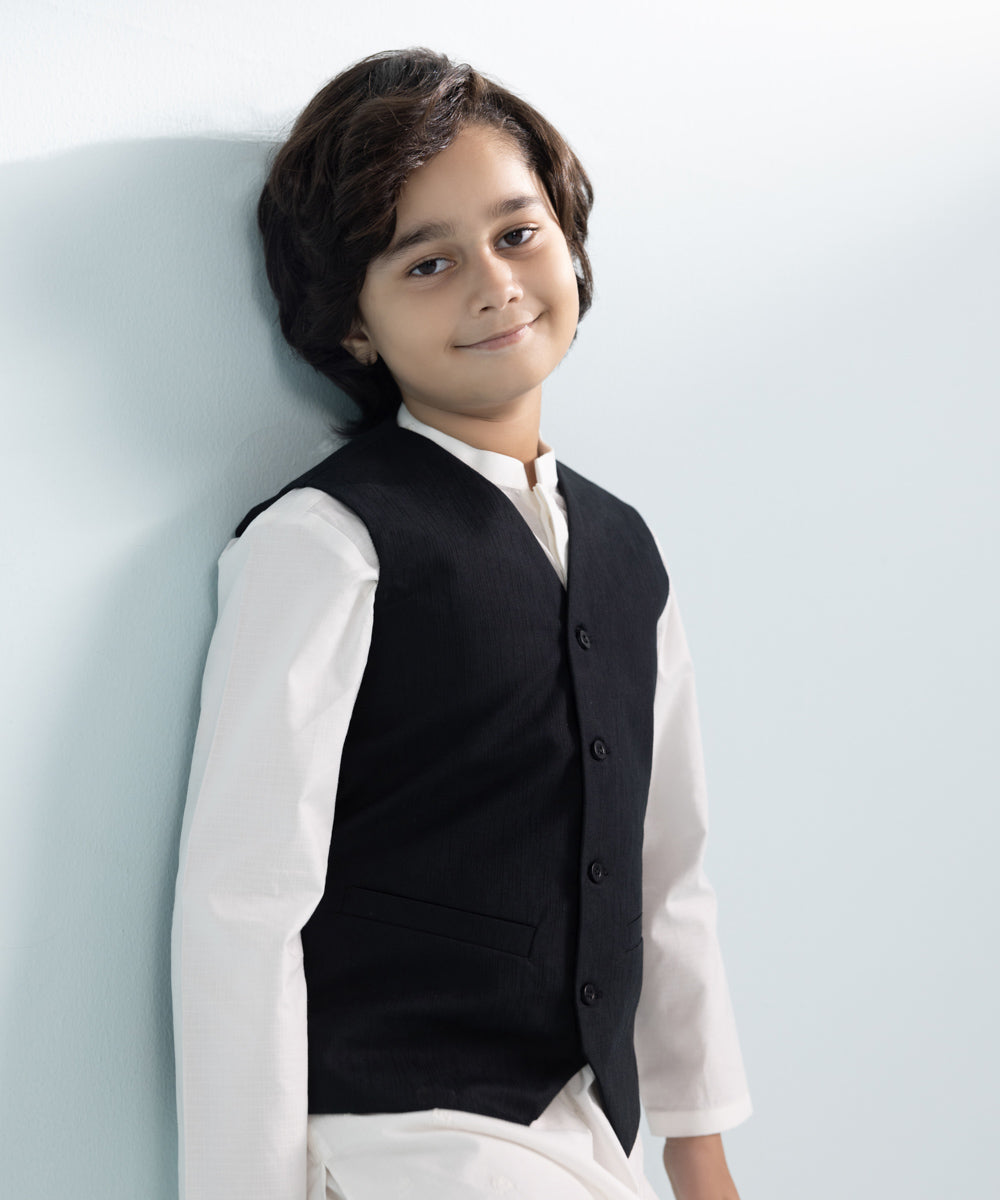 Kids East Boys Black Jacquard Waistcoat