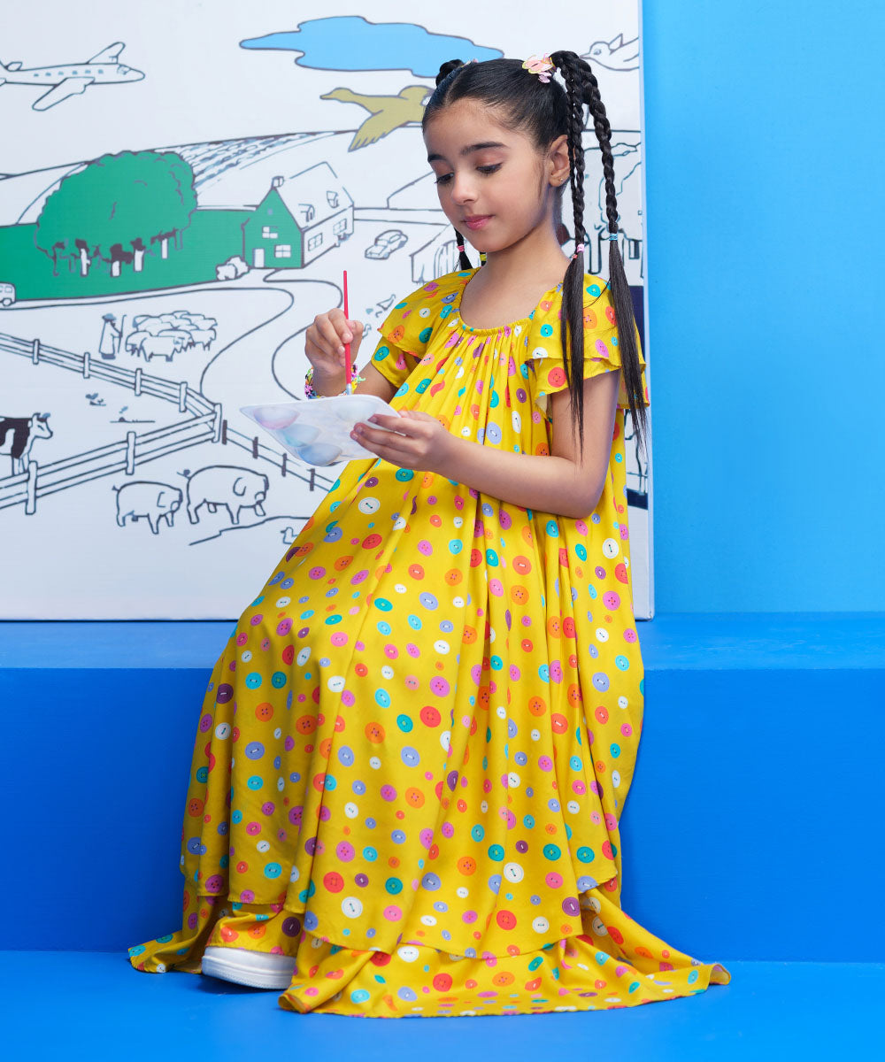 Kids East Girls Yellow Printed Arabic Lawn Dress