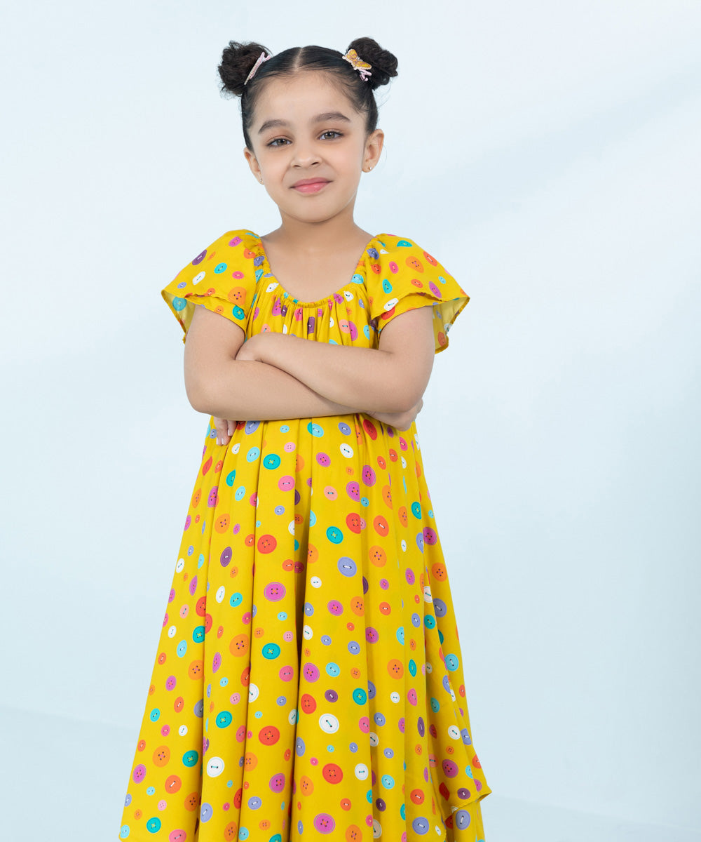 Kids East Girls Yellow Printed Arabic Lawn Dress