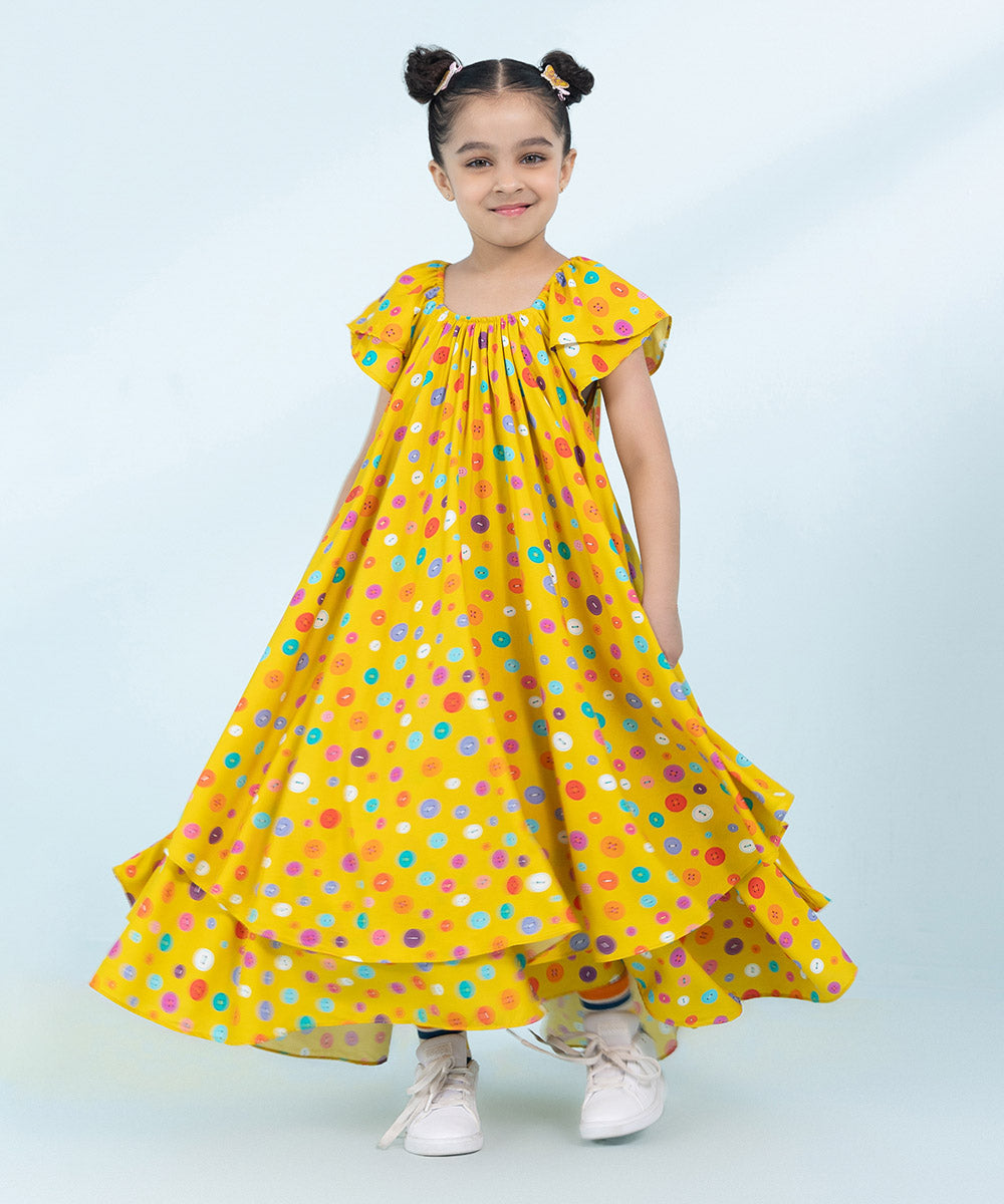 Kids East Girls Yellow Printed Arabic Lawn Dress