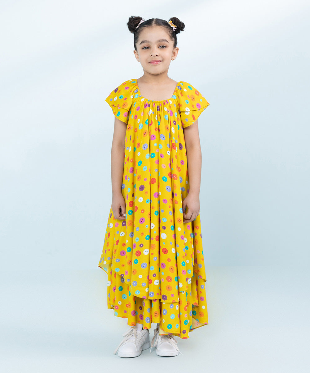 Kids East Girls Yellow Printed Arabic Lawn Dress