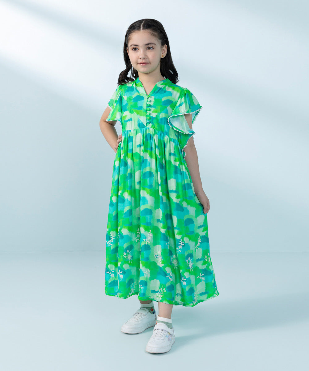 Kids East Girls Green  Embroidered Arabic Lawn Dress