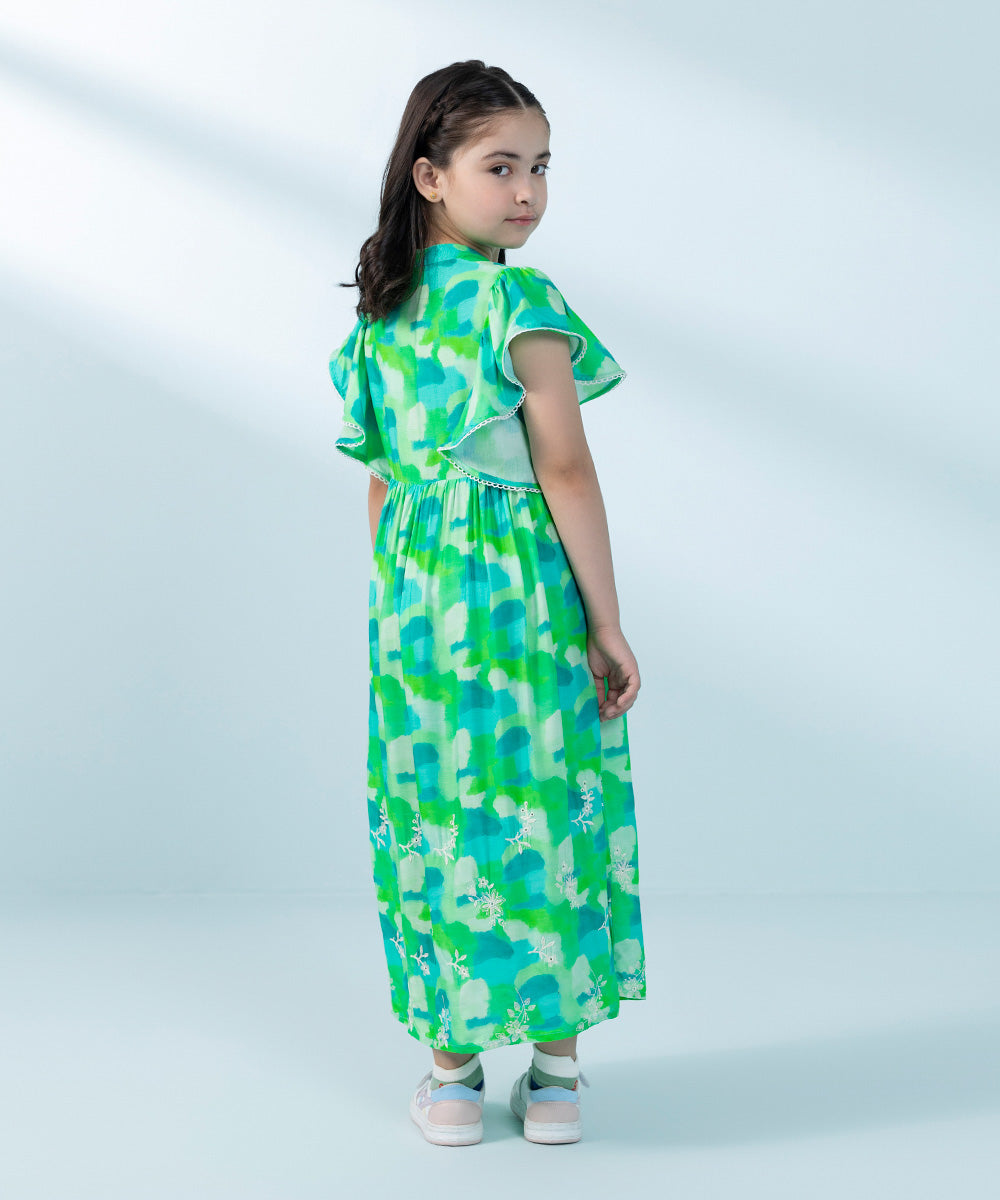 Kids East Girls Green  Embroidered Arabic Lawn Dress