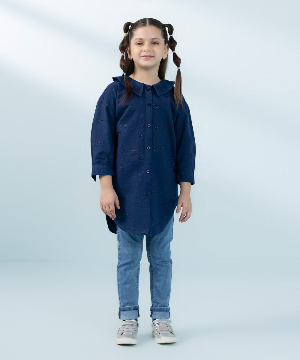 Kids East Girls Navy Blue Embroidered Multi Neps Top