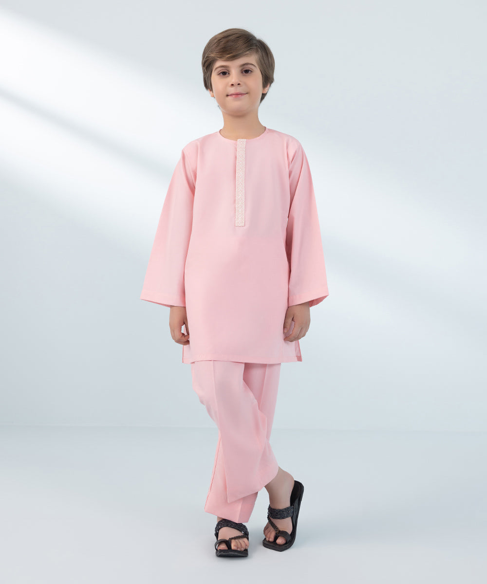 Kids East Boys Pink Embroidered Wash & Wear Suit