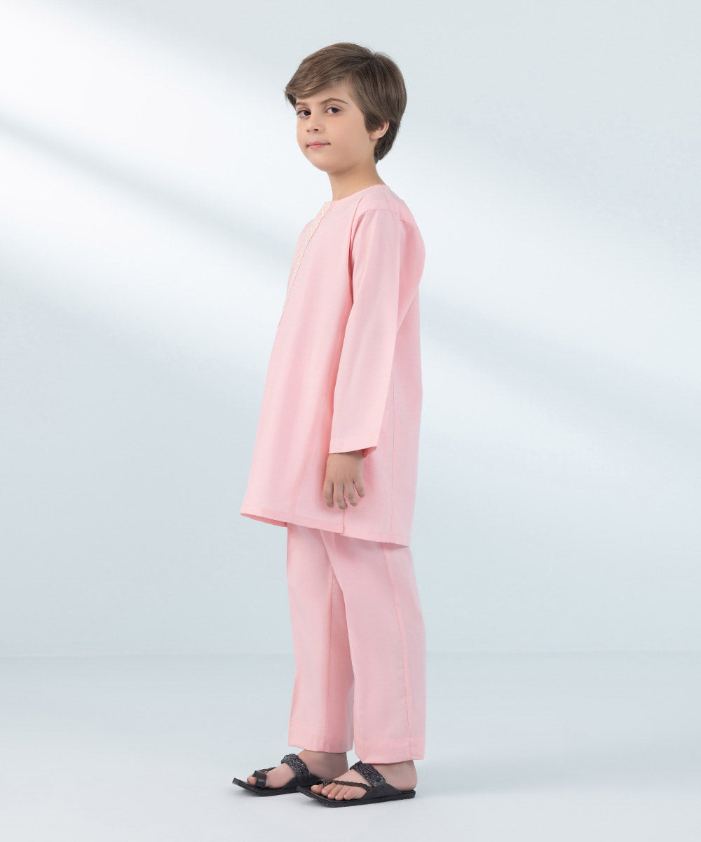 Kids East Boys Pink Embroidered Wash & Wear Suit