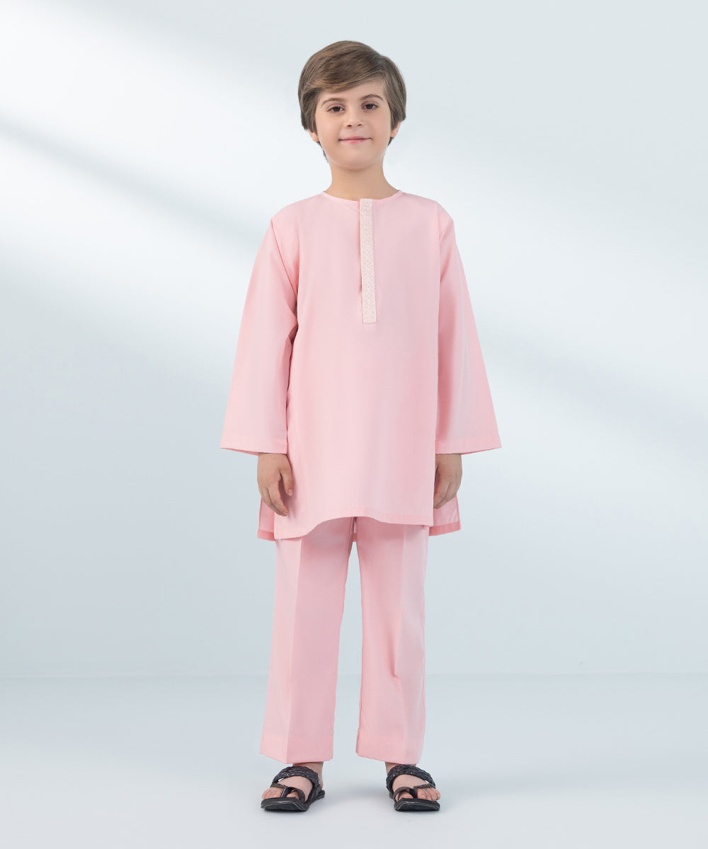 Kids East Boys Pink Embroidered Wash & Wear Suit