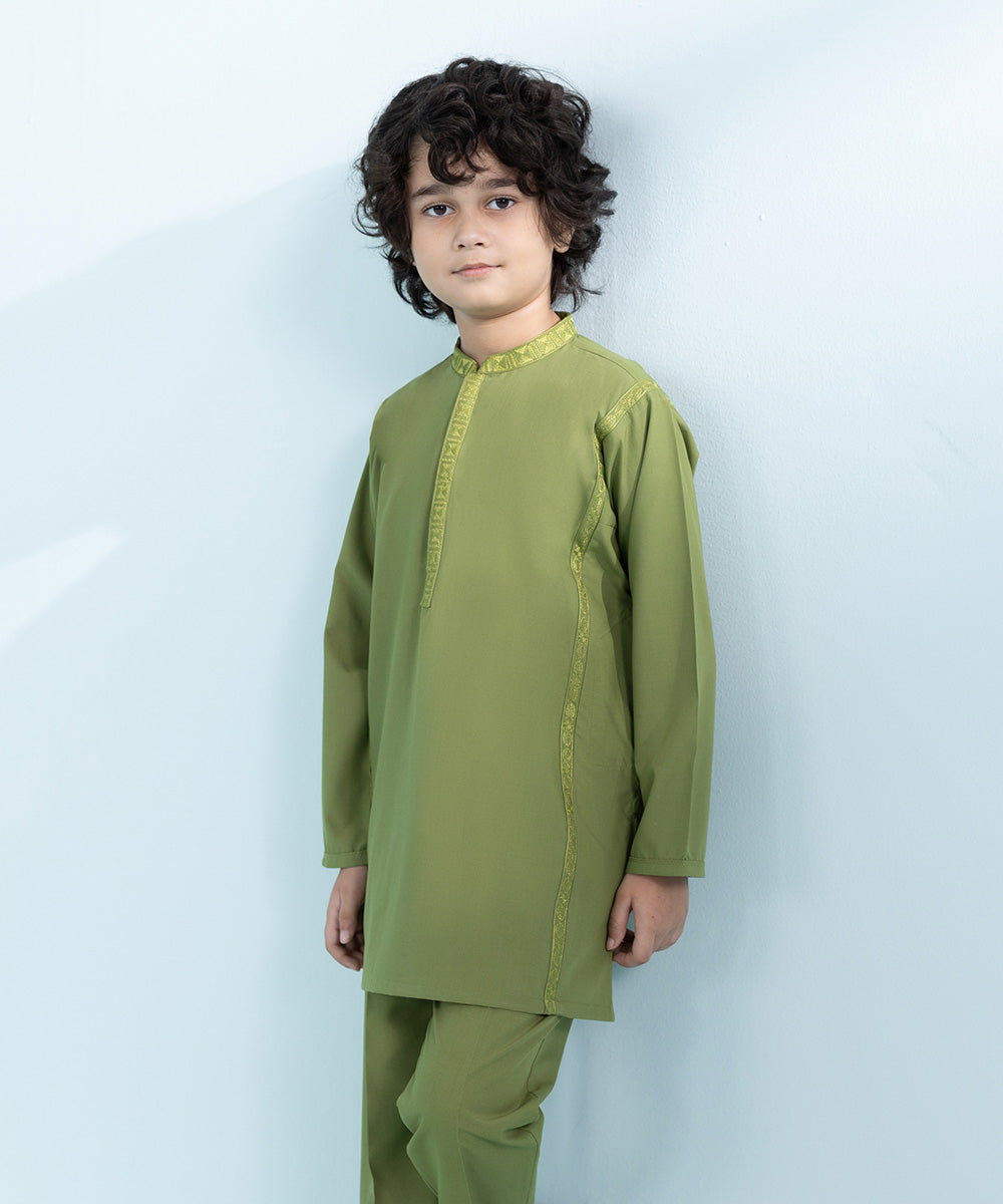 Kids East Boys Green Embroidered Wash &Wear Suit