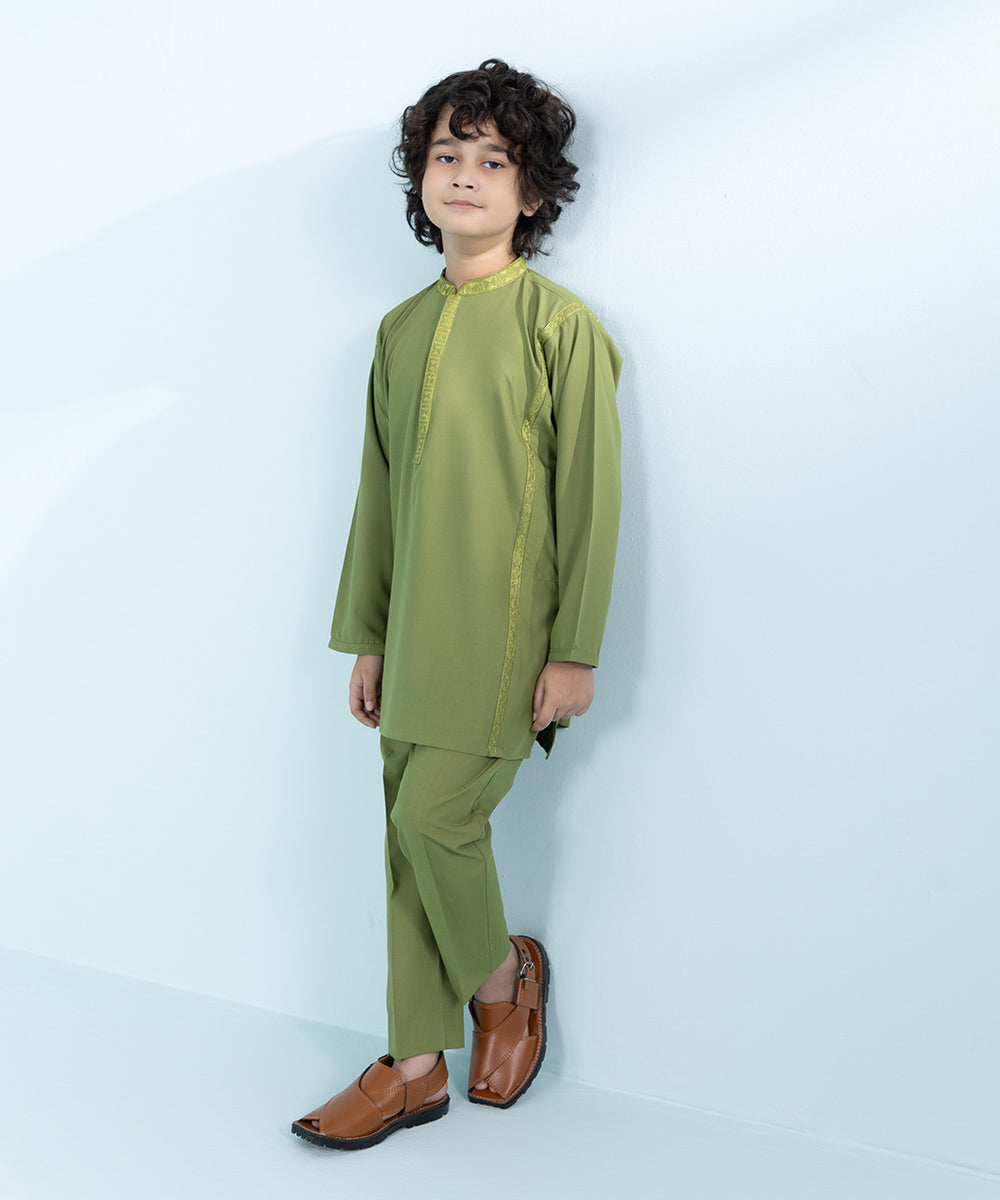 Kids East Boys Green Embroidered Wash &Wear Suit