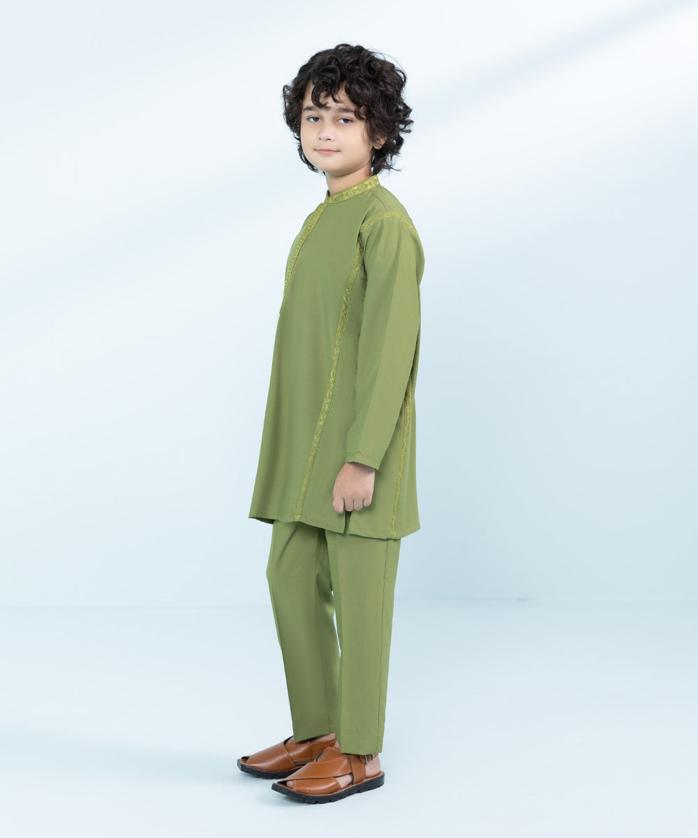 Kids East Boys Green Embroidered Wash &Wear Suit