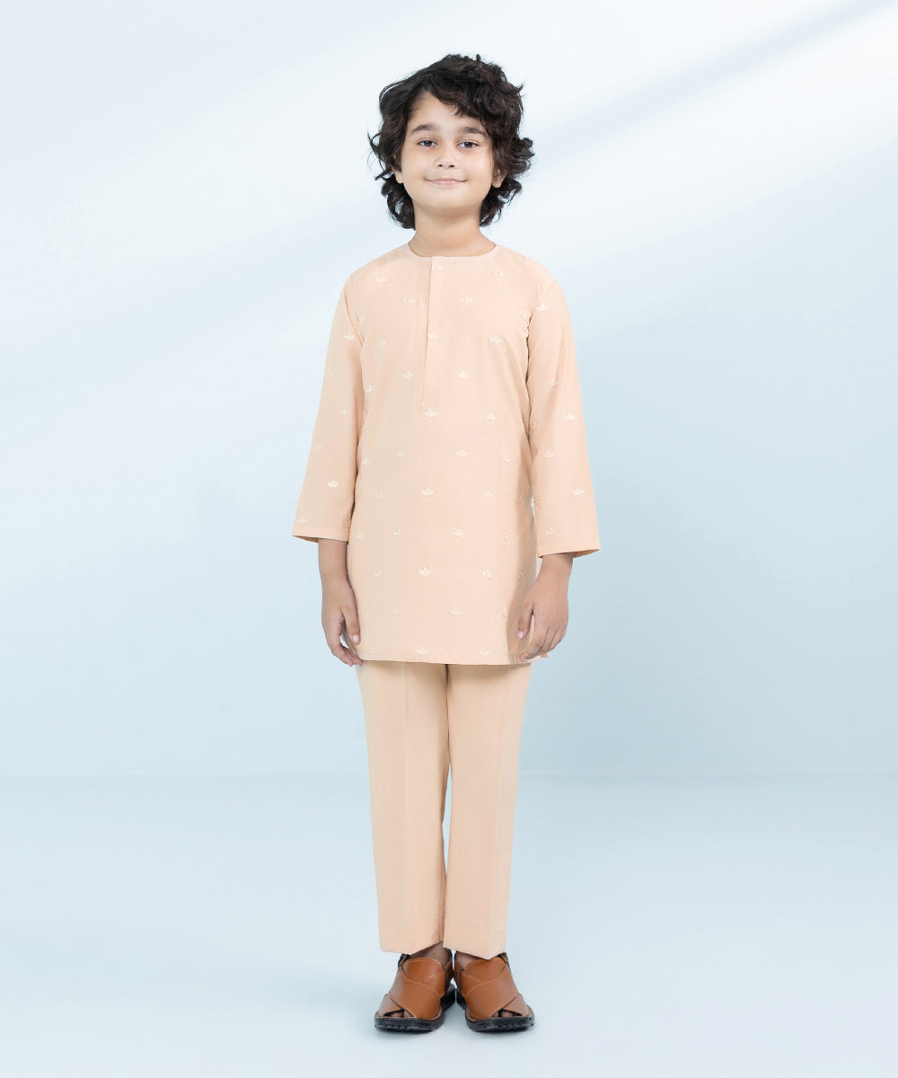 Kids East Boys Beige Embroidered Wash &Wear Suit