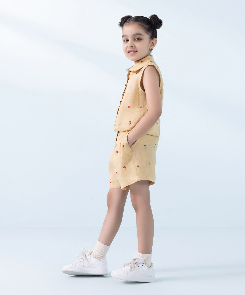 Kids East Girls Beige 2 Piece Embroidered Linen Set