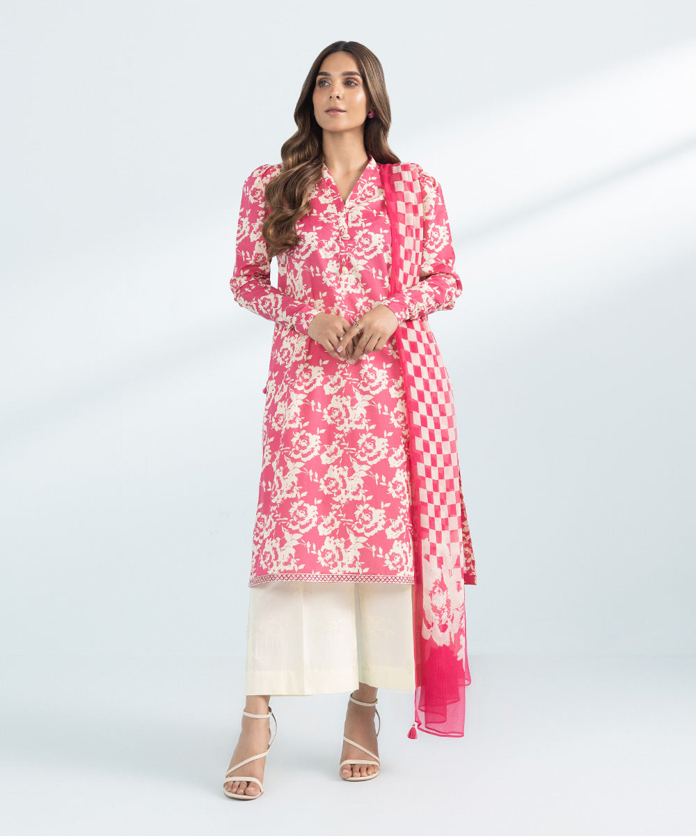 Women's Pret Slub Lawn Printed Embroidered Pink 3 Piece Suit