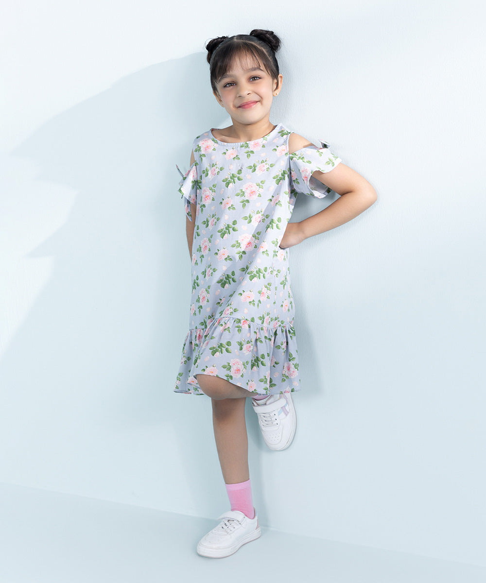 Kids Sky Blue 1 Piece Printed Cotton Satin Dress