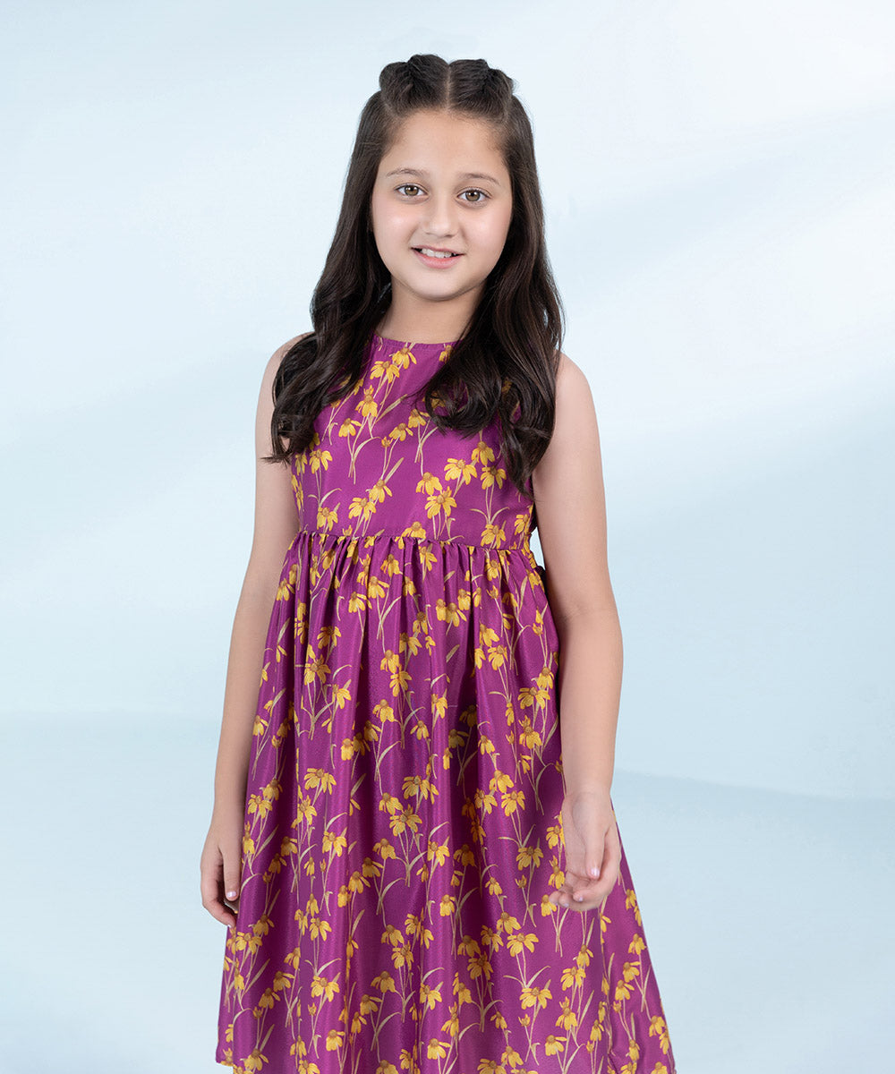 Kids Magenta 1 Piece Printed Silk Dress