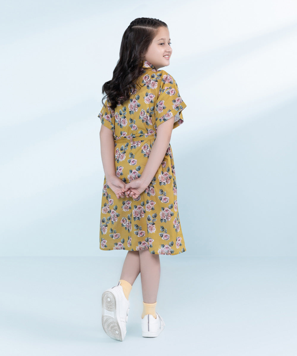 Kids Yellow 1 Piece Printed Linen Dress