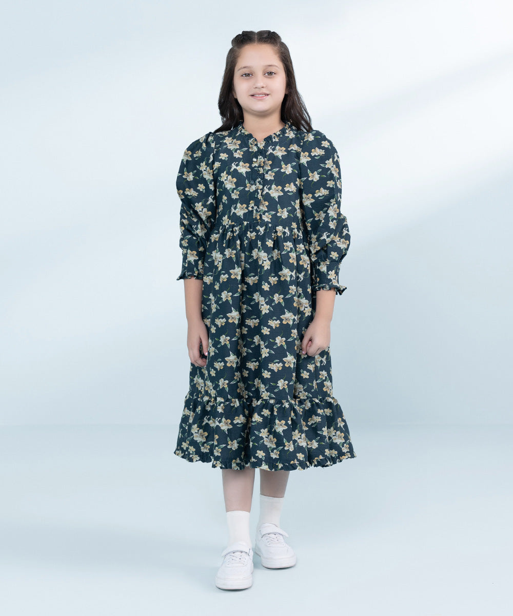 Kids Sea Green 1 Piece Printed Seer Sucker Dress