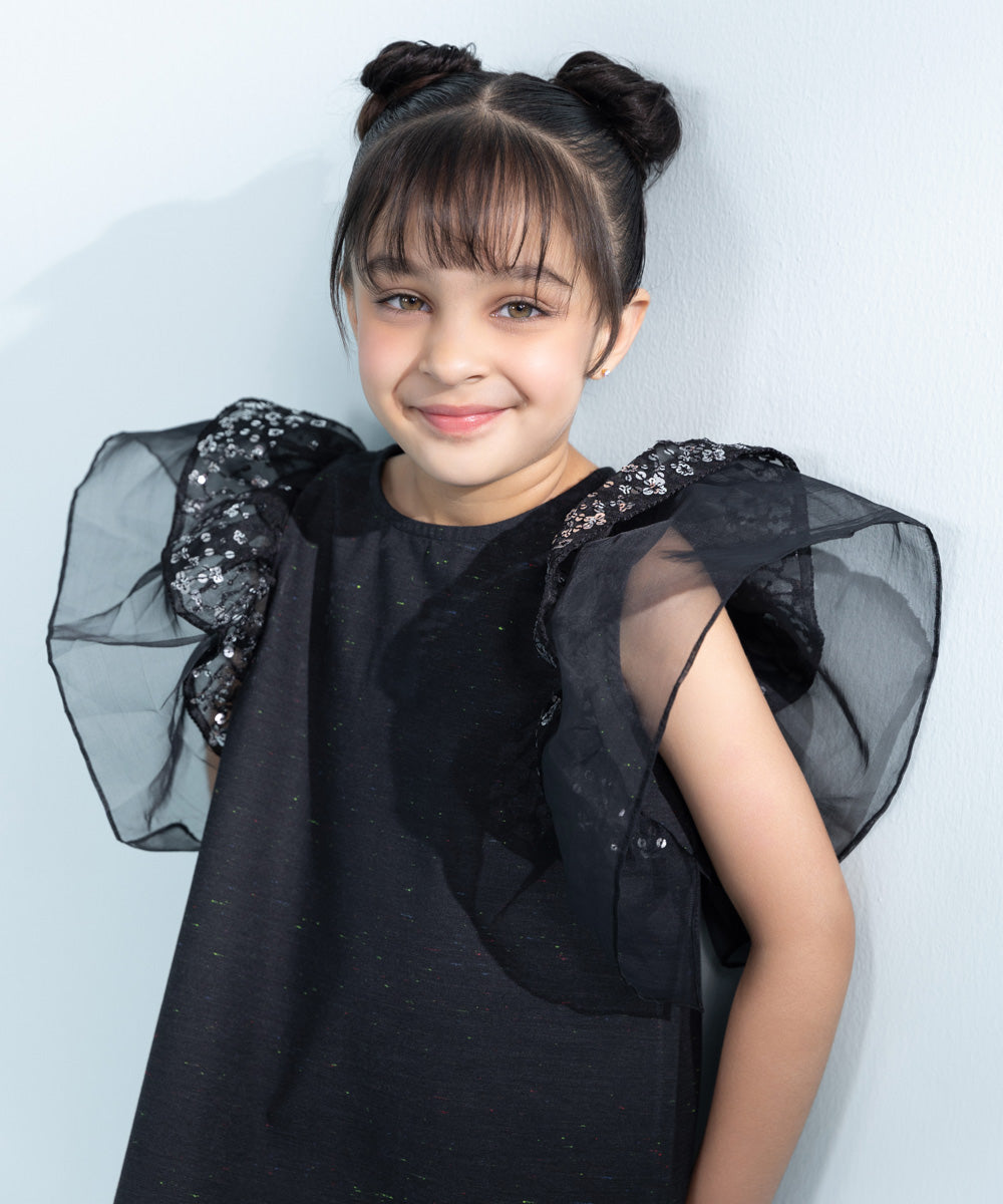 Kids Black 1 Piece Dyed Multi Neps Dress