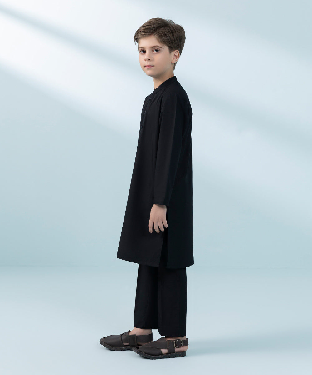 Kids East Boys' Black Embroidered Blended Cotton Suit