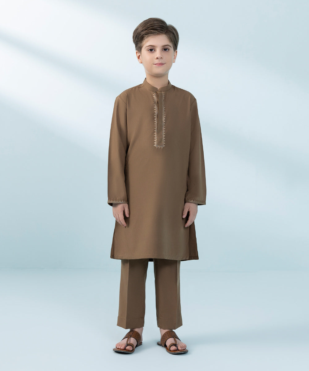 Kids East Boys' Brown Embroidered Blended Cotton Suit