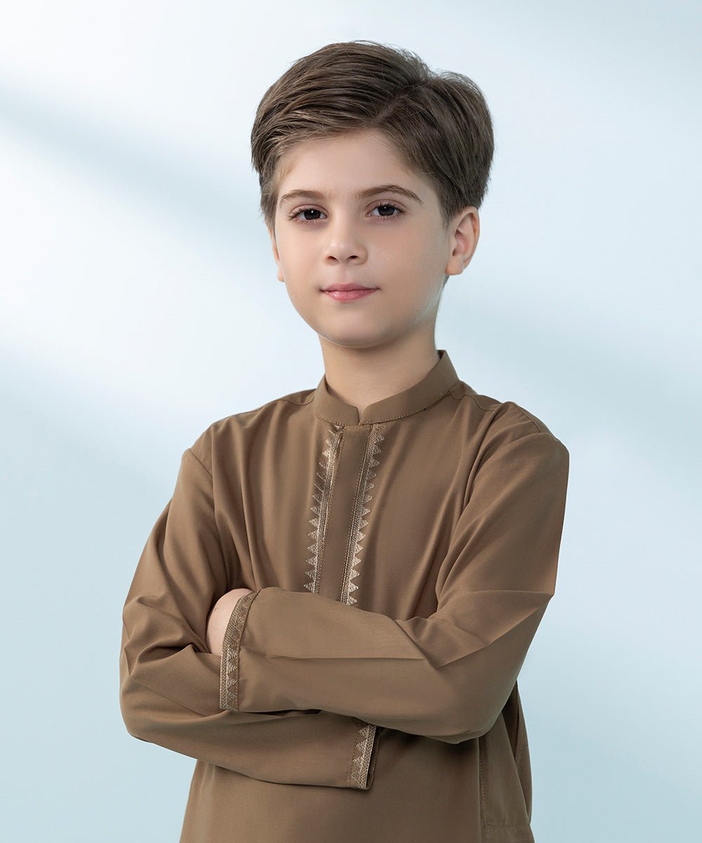 Kids East Boys' Brown Embroidered Blended Cotton Suit