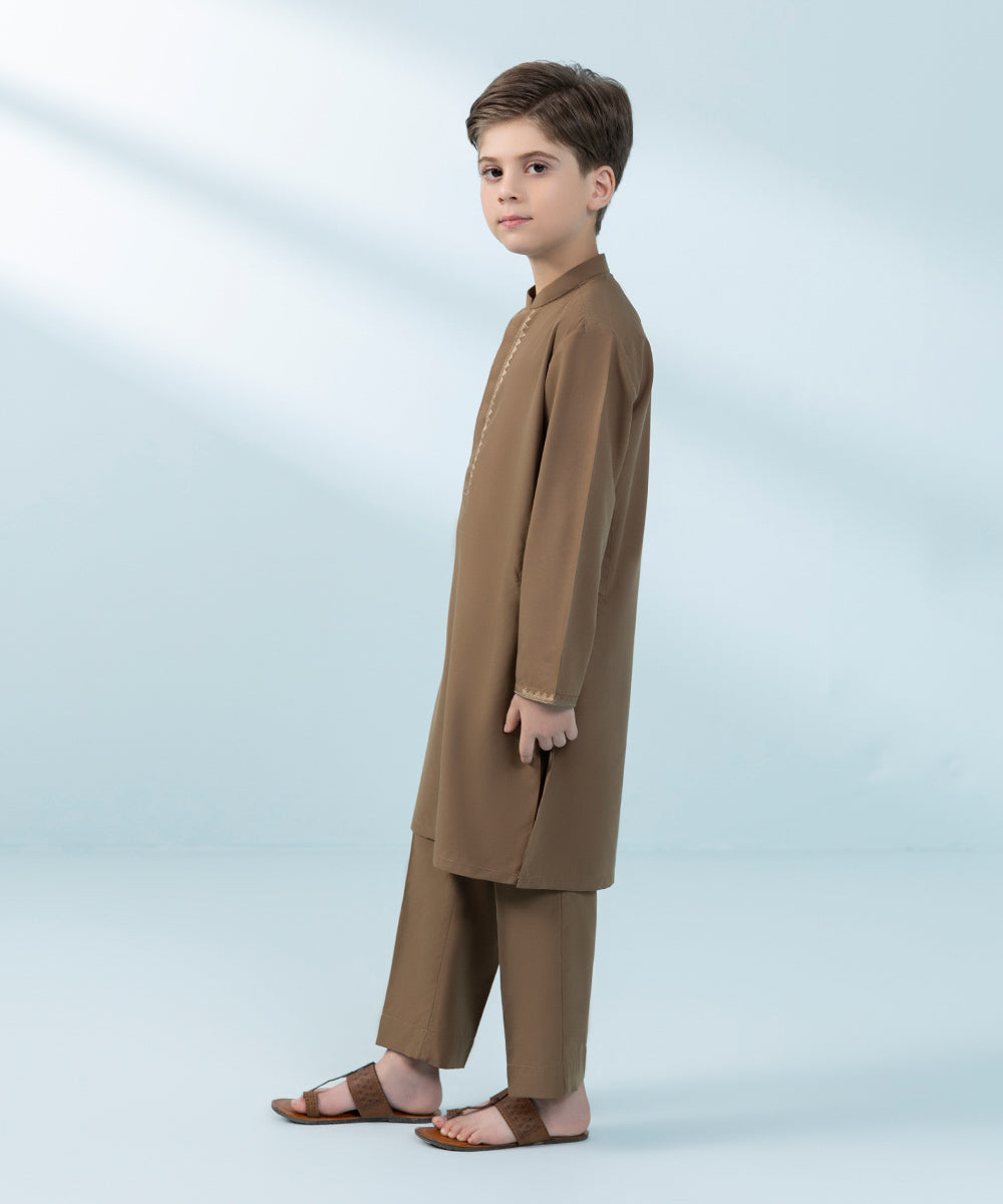 Kids East Boys' Brown Embroidered Blended Cotton Suit