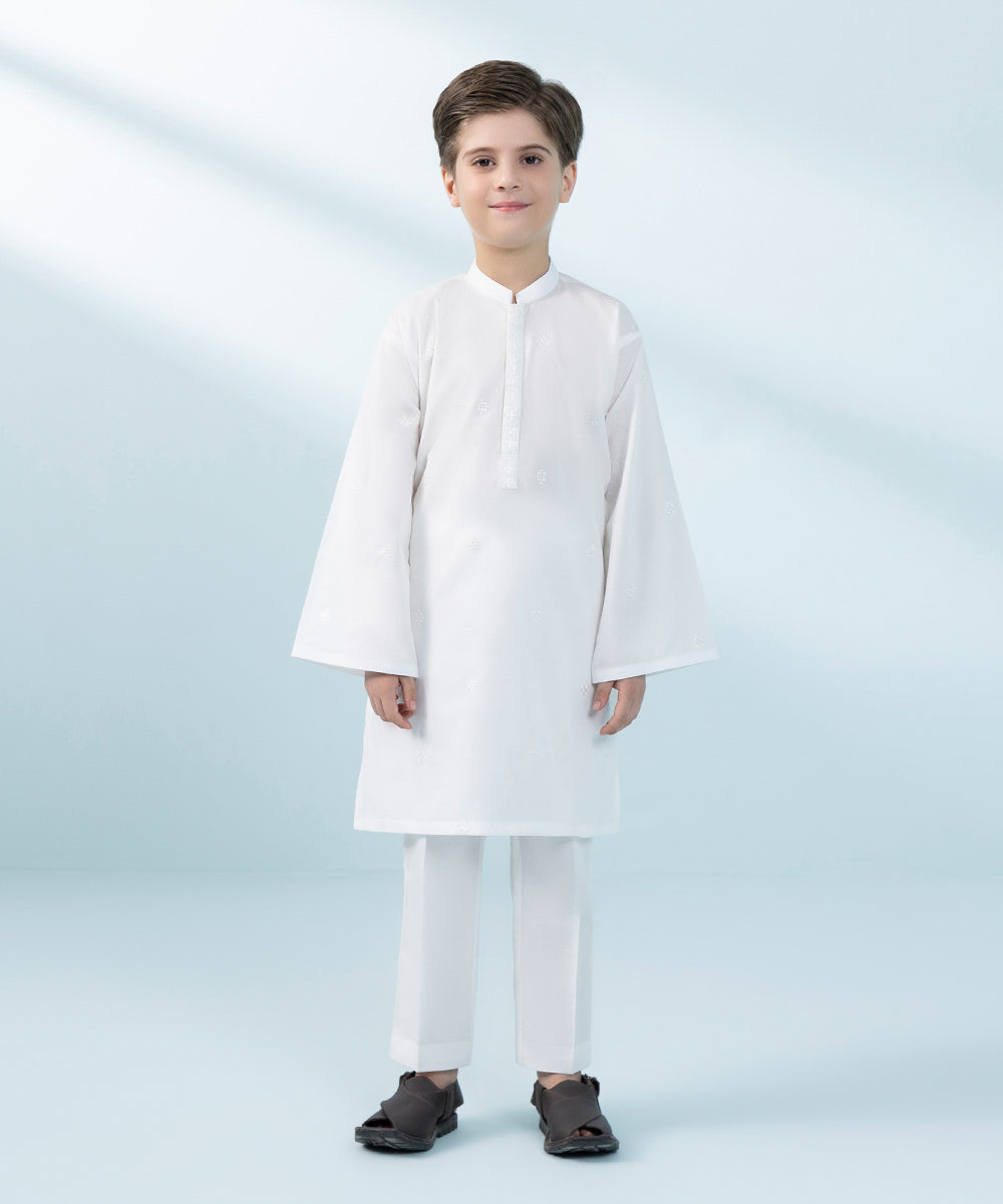 Kids East Boys' White Embroidered Cambric Suit