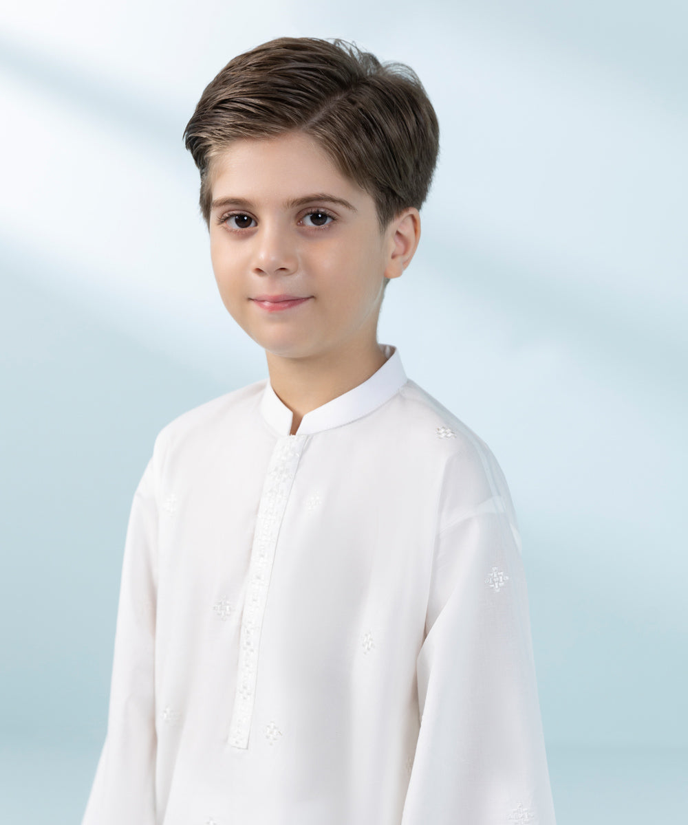 Kids East Boys' White Embroidered Cambric Suit