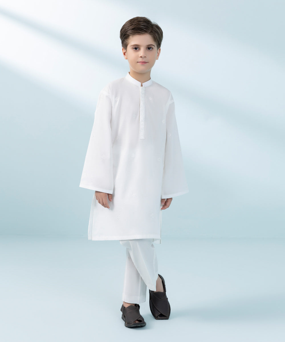 Kids East Boys' White Embroidered Cambric Suit