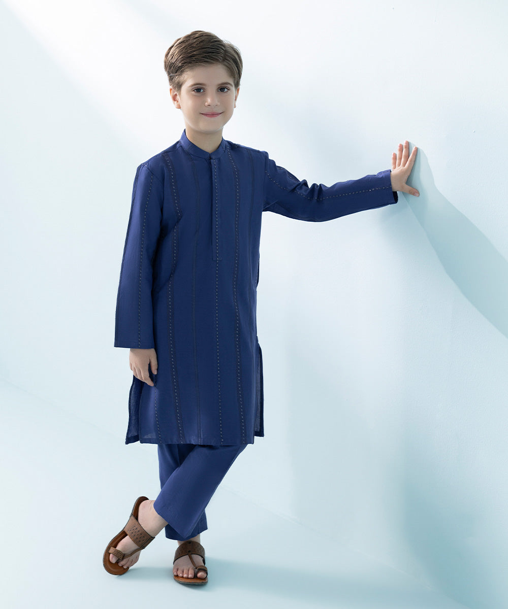 Kids East Boys' Blue Embroidered Cambric Suit