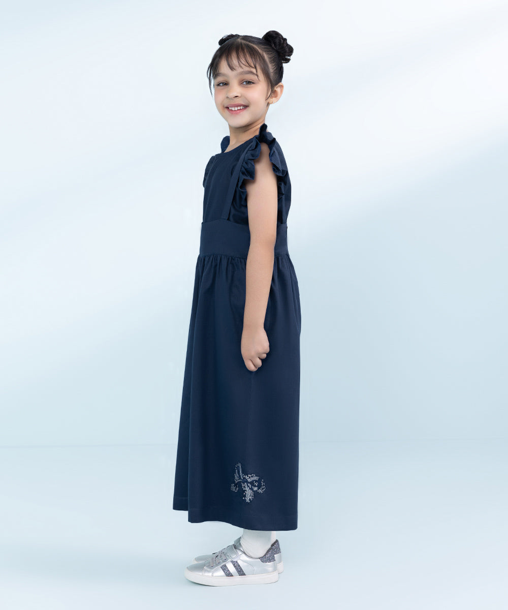 Kids Blue 2 Piece Embroidered Cotton Satin Suit