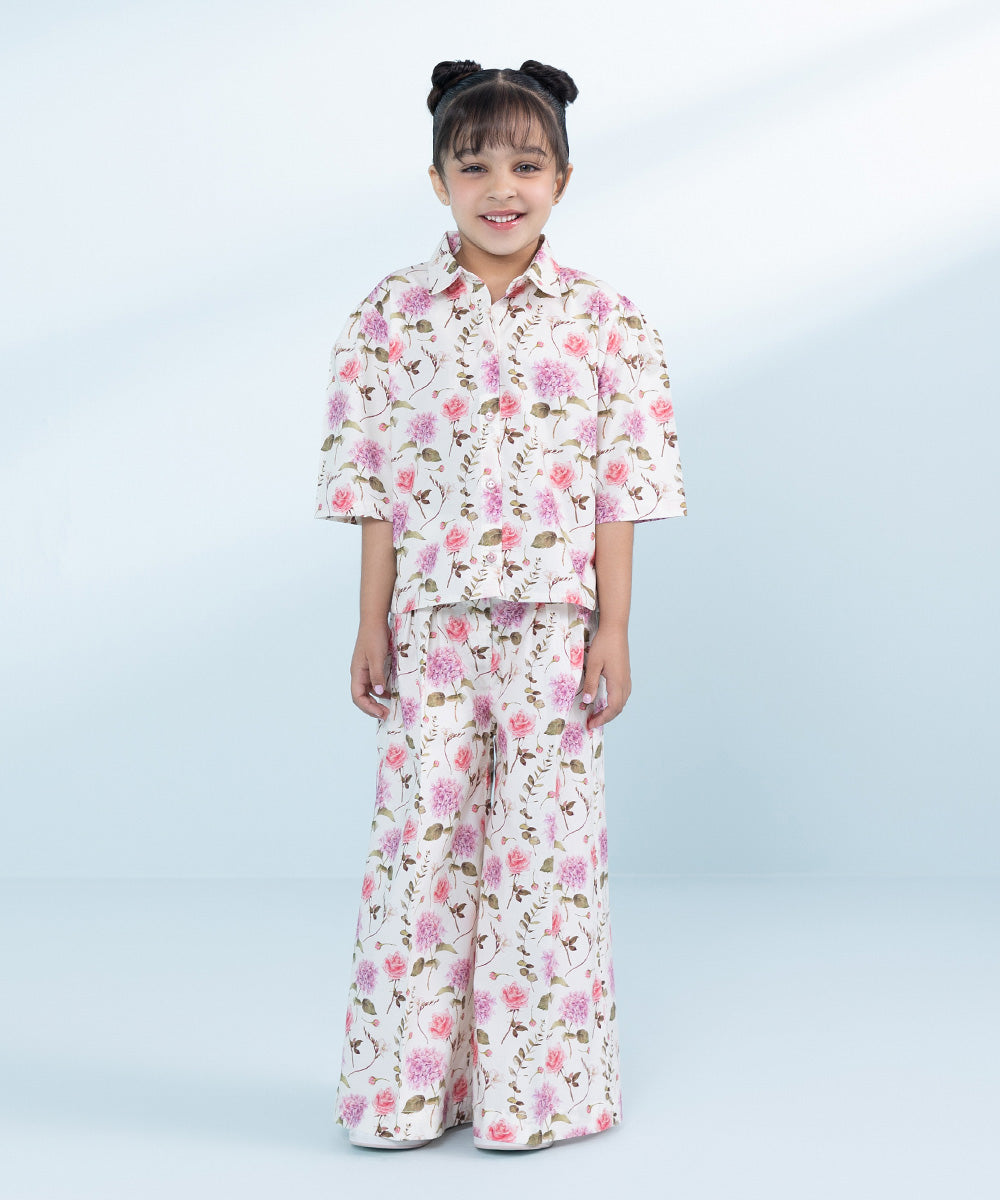 Kids White 2 Piece Printed Poplin Suit