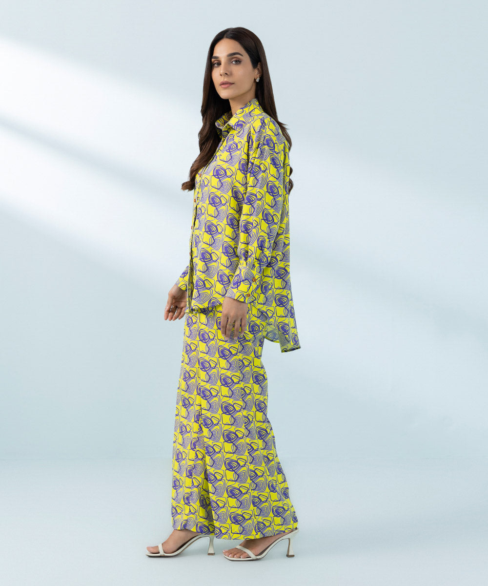 Women's Yellow Viscose Raw Silk Shirt and Trousers