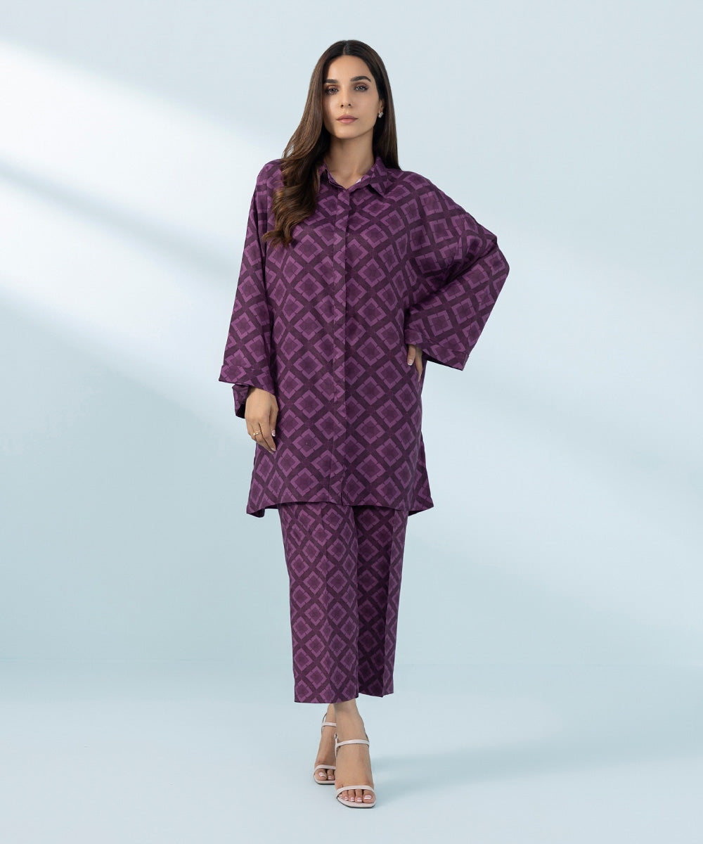 Women's Purple Viscose Raw Silk Shirt and Trousers