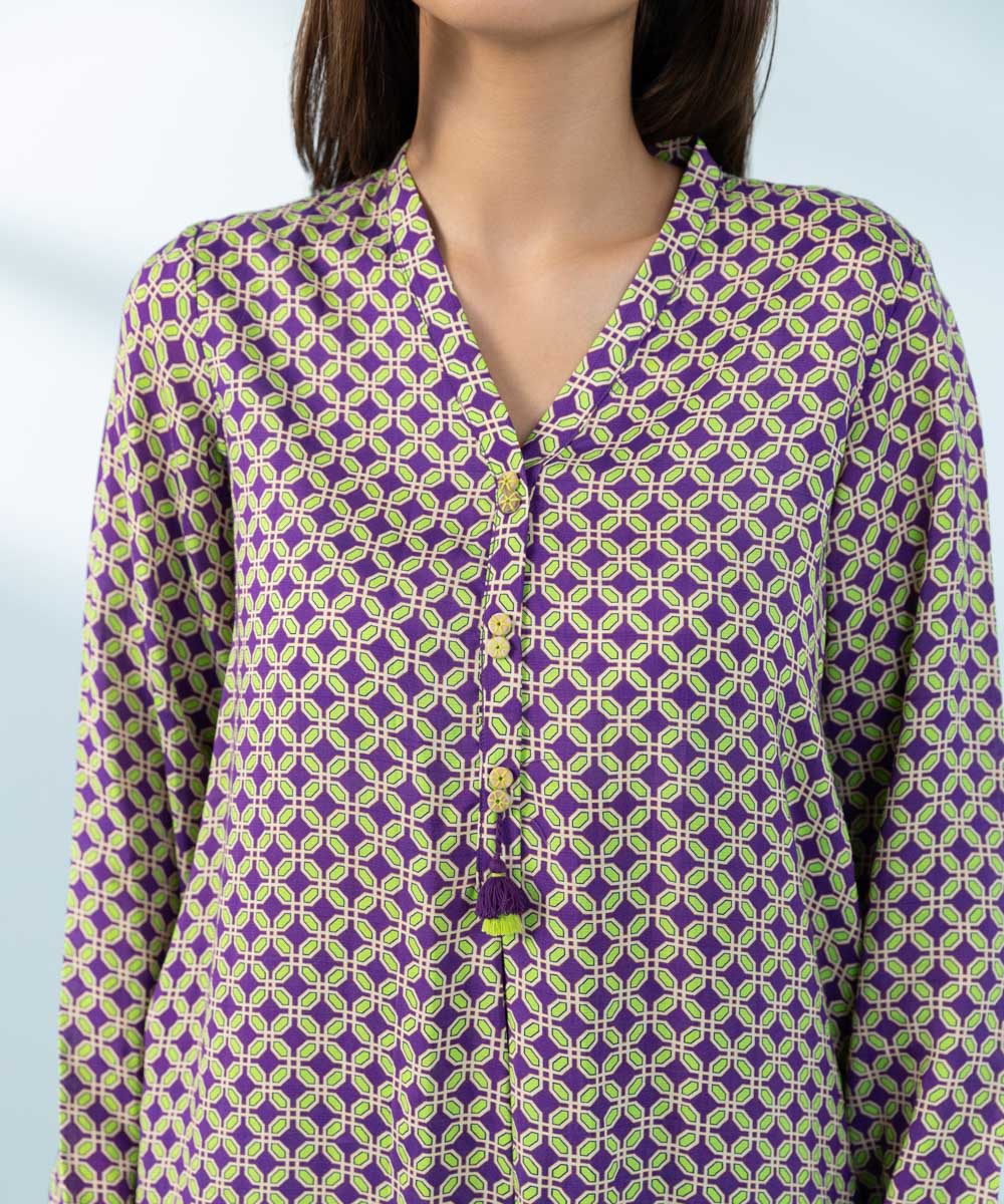 Women's Purple Viscose Raw Silk Shirt and Trousers