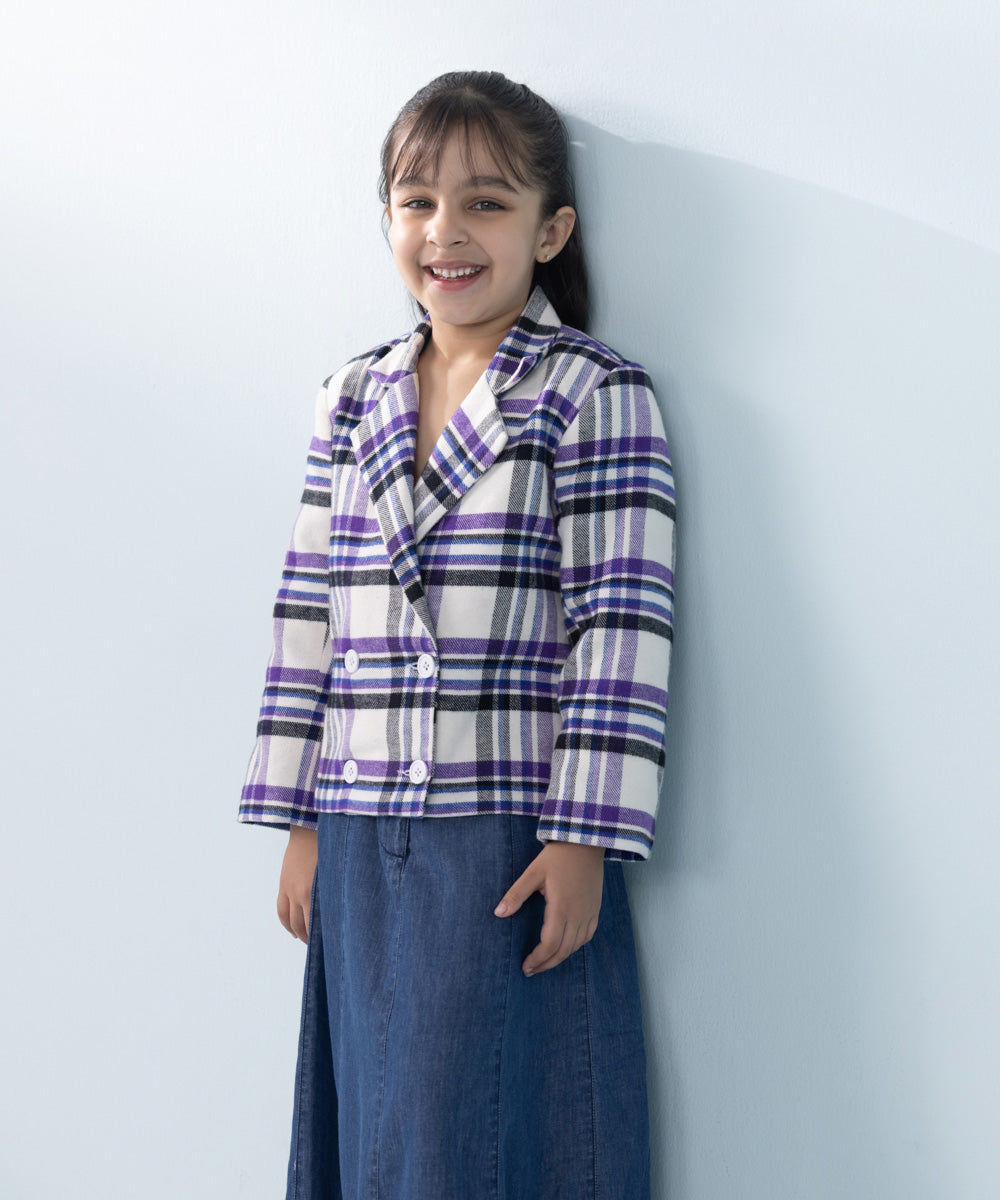 Girl's Purple Printed Cropped Flannel Jacket