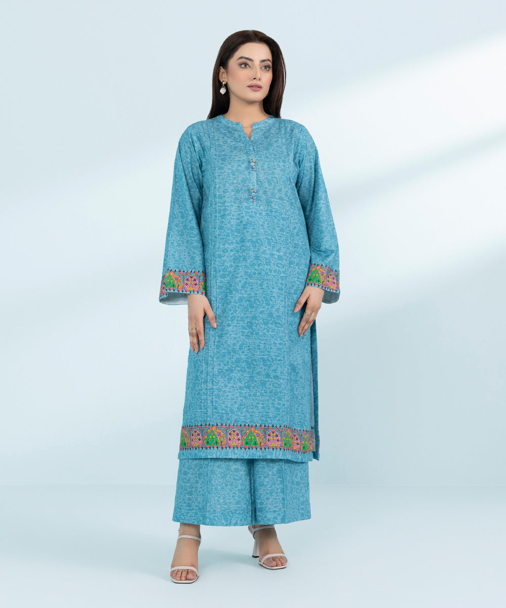 Women's Blue 2 Piece- Printed Khaddar Suit