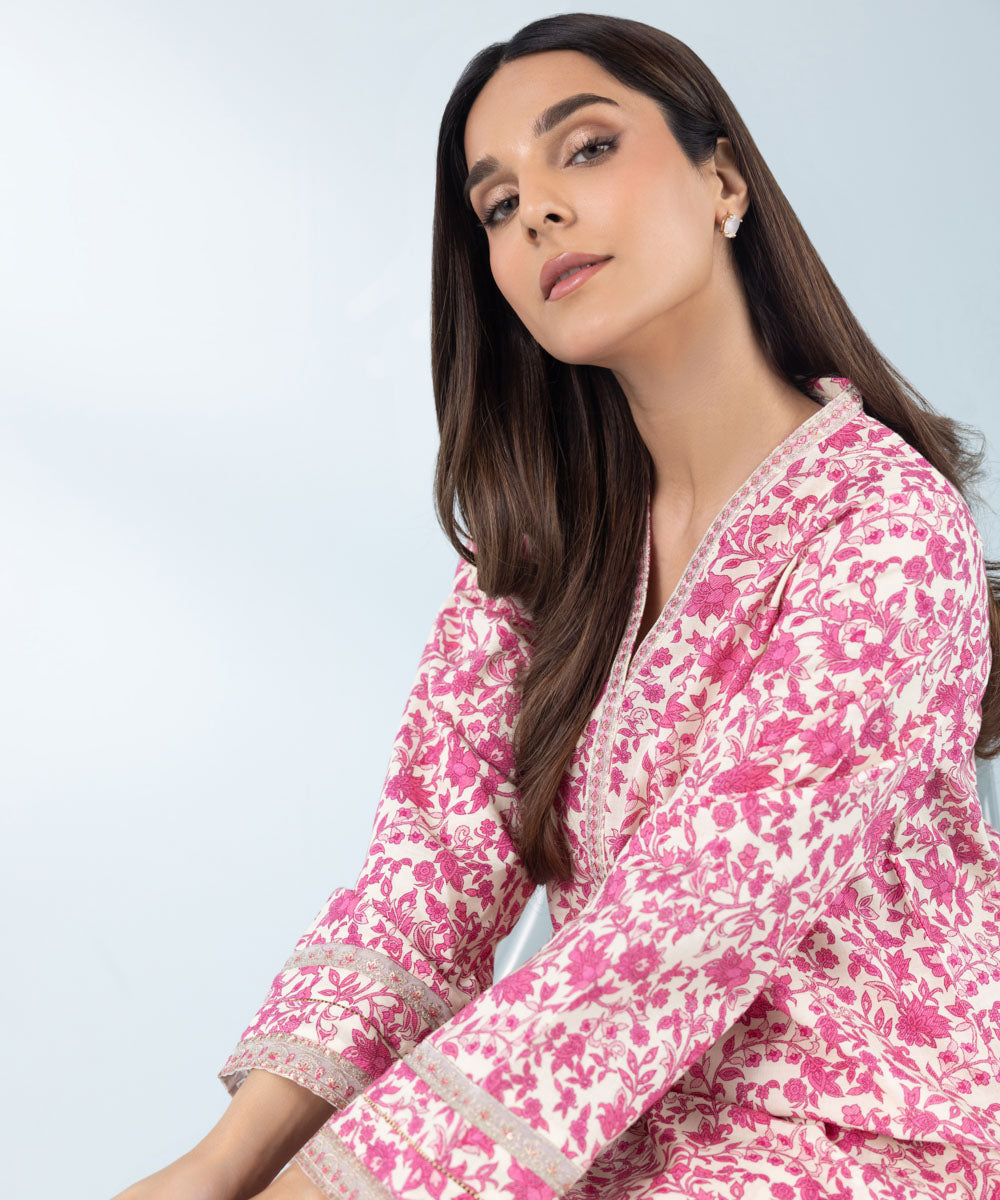 Women's Off-White & Pink 2 Piece Embroidered Khaddar Suit